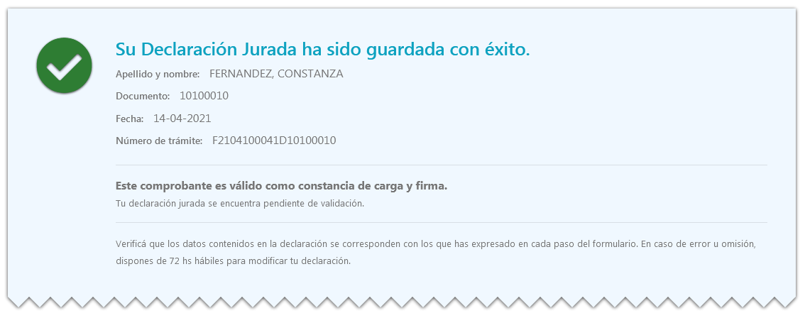 [Comprobante de declaración completa y firmada]